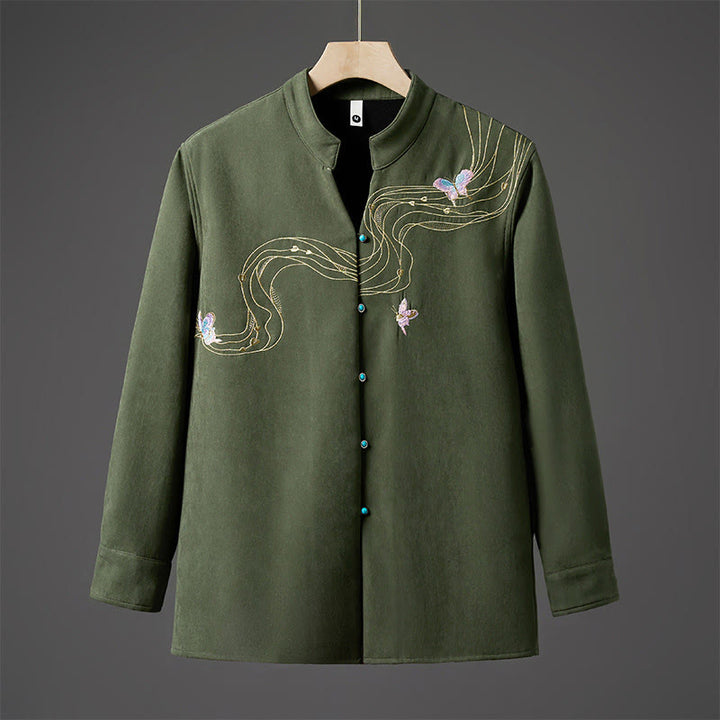Męska kurtka zimowa z długim rękawem z bawełny i haftowanymi motylami w kształcie Buddha Stones , podszyta polarem - ForestGreen - US/UK/AU46， EU56 (5XL) - image 11