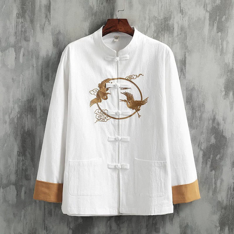 Koszula męska z długim rękawem z bawełny i lnu, haftowanymi żurawiami i pomyślnymi chmurami, z Buddha Stones - Biały - US/UK/AU46， EU56 (5XL) - image 0
