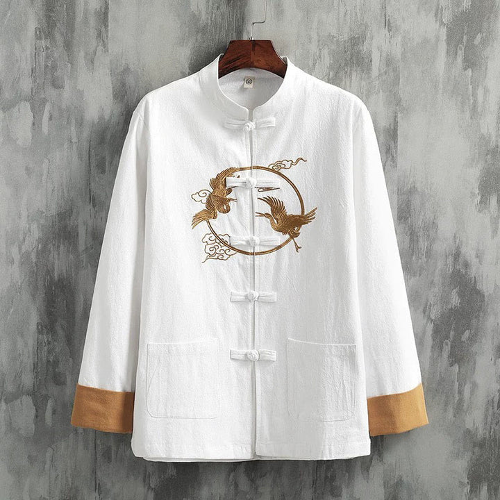 Koszula męska z długim rękawem z bawełny i lnu, haftowanymi żurawiami i pomyślnymi chmurami, z Buddha Stones - Biały - US/UK/AU46， EU56 (5XL) - image 0