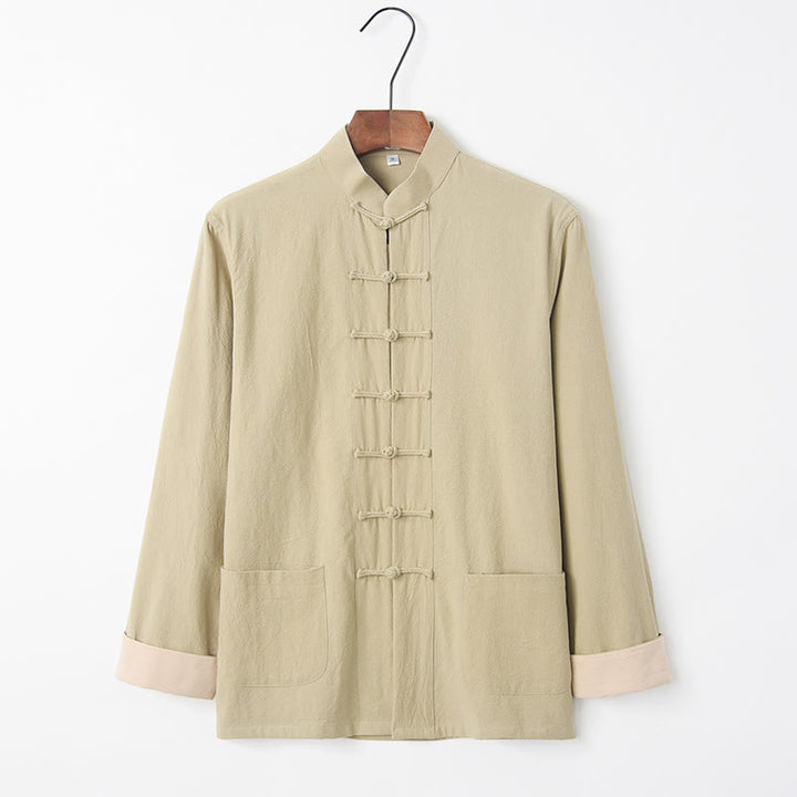 Koszula męska z długim rękawem i nadrukiem "Buddha Stones" z bawełny i guzikami w kształcie żaby - Blada nawłoć - US/UK/AU44， EU54 (4XL) - image 15