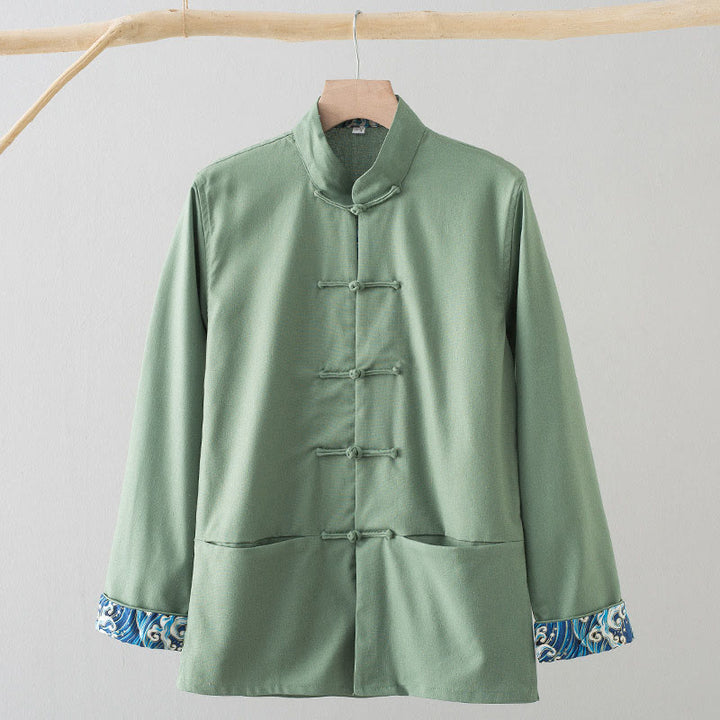 Koszula męska z długim rękawem, haftowanymi falami i żabą, z bawełny i lnu, z Buddha Stones - Jasnozielony - US/UK/AU44， EU54 (4XL) - image 0