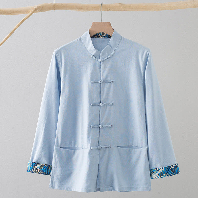 Koszula męska z długim rękawem, haftowanymi falami i żabą, z bawełny i lnu, z Buddha Stones - Jasnoniebieski - US/UK/AU44， EU54 (4XL) - image 15