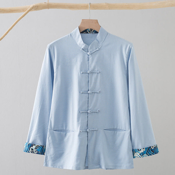 Koszula męska z długim rękawem, haftowanymi falami i żabą, z bawełny i lnu, z Buddha Stones - Jasnoniebieski - US/UK/AU44， EU54 (4XL) - image 15