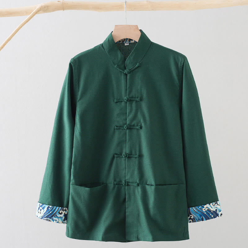 Koszula męska z długim rękawem, haftowanymi falami i żabą, z bawełny i lnu, z Buddha Stones - SeaGreen - US/UK/AU44， EU54 (4XL) - image 9