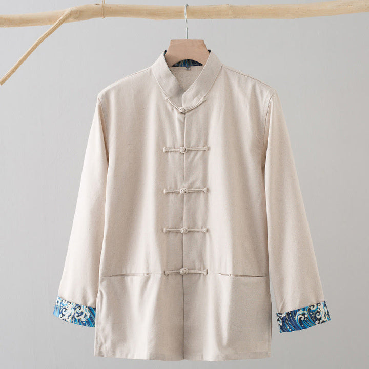 Koszula męska z długim rękawem, haftowanymi falami i żabą, z bawełny i lnu, z Buddha Stones - Beżowy - US/UK/AU44， EU54 (4XL) - image 14