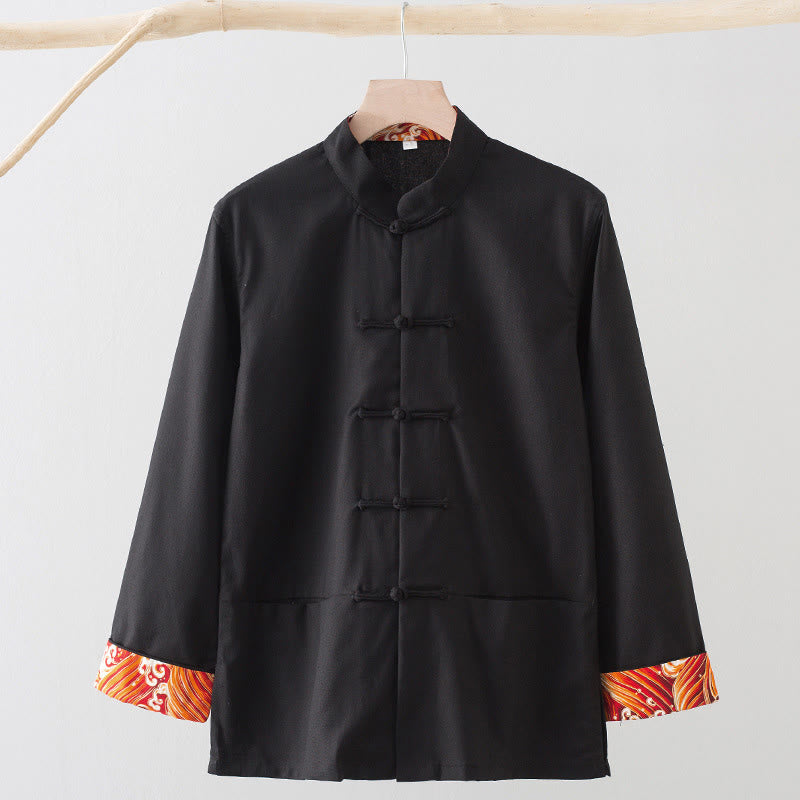 Koszula męska z długim rękawem, haftowanymi falami i żabą, z bawełny i lnu, z Buddha Stones - Czarny - US/UK/AU44， EU54 (4XL) - image 10