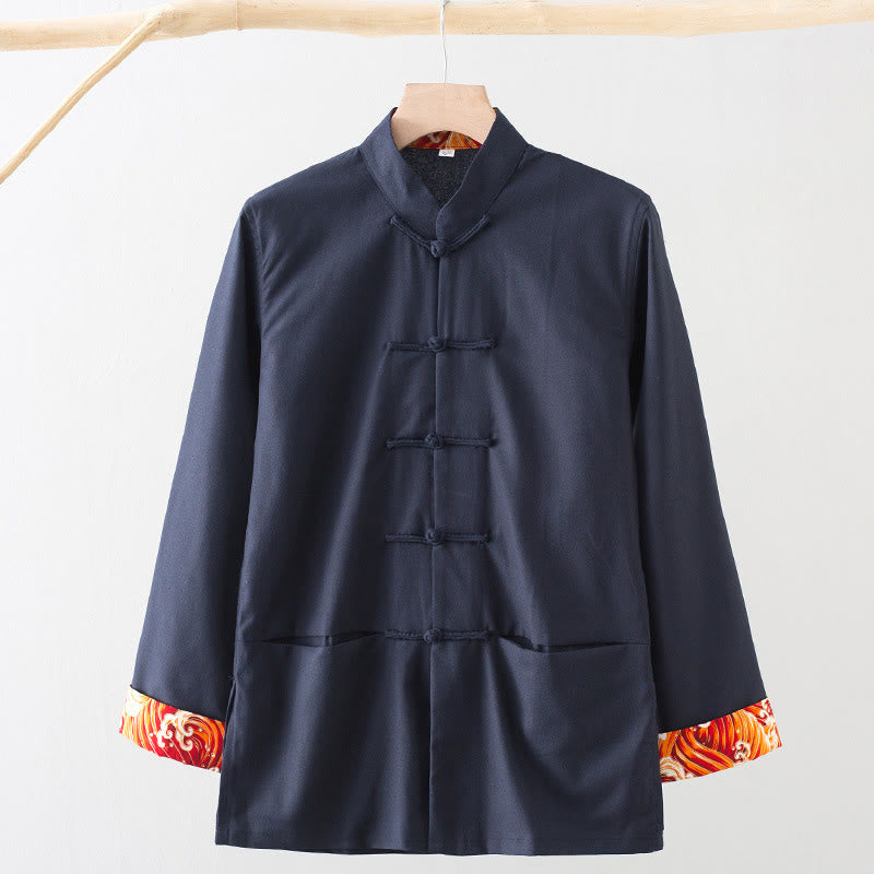 Koszula męska z długim rękawem, haftowanymi falami i żabą, z bawełny i lnu, z Buddha Stones - Stalowoniebieski - US/UK/AU44， EU54 (4XL) - image 12
