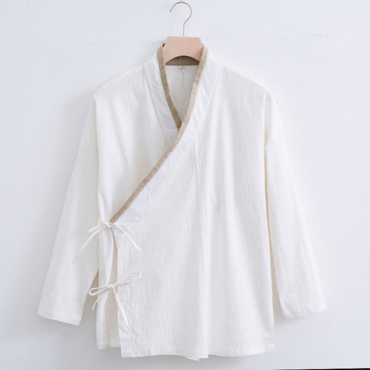 Koszula męska z długim rękawem i sznurowaniem, z bawełny i lnu, w stylu vintage z motywem Buddha Stones - Biały - US/UK/AU44， EU54 (4XL) - image 0