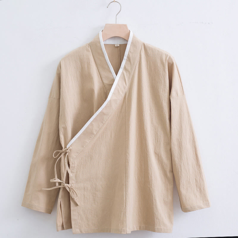 Koszula męska z długim rękawem i sznurowaniem, z bawełny i lnu, w stylu vintage z motywem Buddha Stones - Pszenica - US/UK/AU44， EU54 (4XL) - image 8