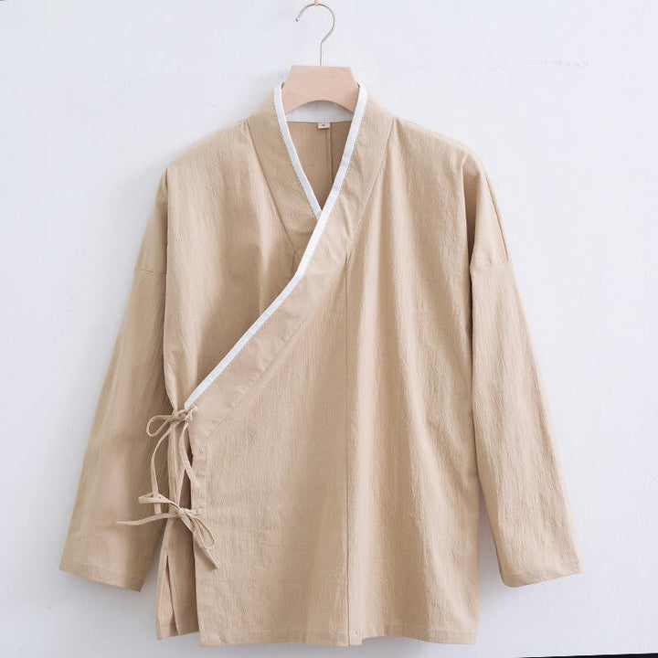 Koszula męska z długim rękawem i sznurowaniem, z bawełny i lnu, w stylu vintage z motywem Buddha Stones - Pszenica - US/UK/AU44， EU54 (4XL) - image 8