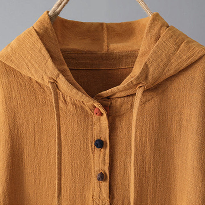 Damska bluza z kapturem z długim rękawem i kieszeniami, wykonana z gładkiej bawełny z guzikami i motywem Buddha Stones - image 9