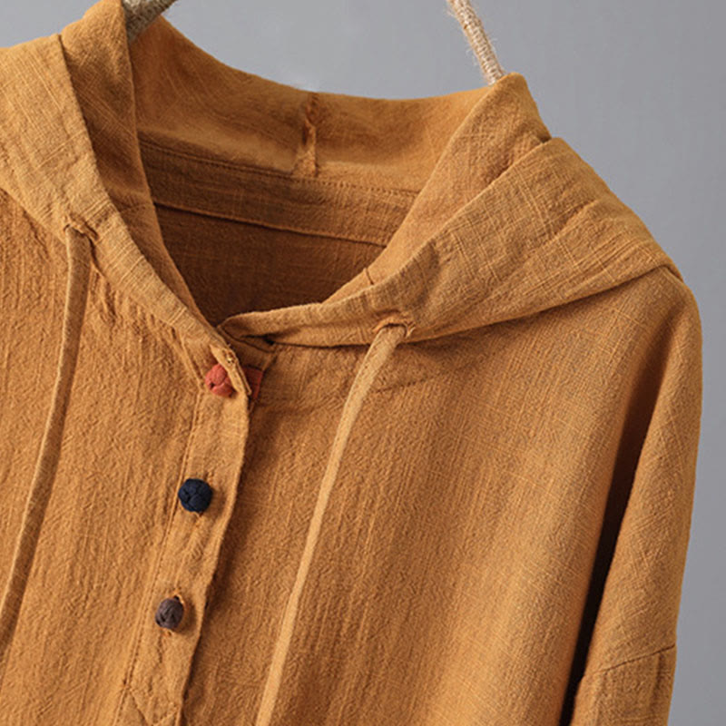 Damska bluza z kapturem z długim rękawem i kieszeniami, wykonana z gładkiej bawełny z guzikami i motywem Buddha Stones - image 10