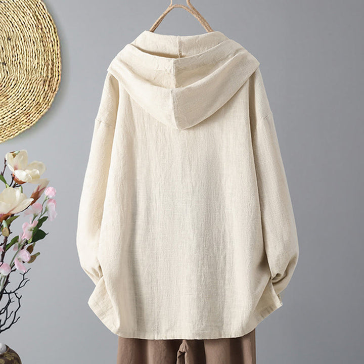 Damska bluza z kapturem z długim rękawem i kieszeniami, wykonana z gładkiej bawełny z guzikami i motywem Buddha Stones - image 1