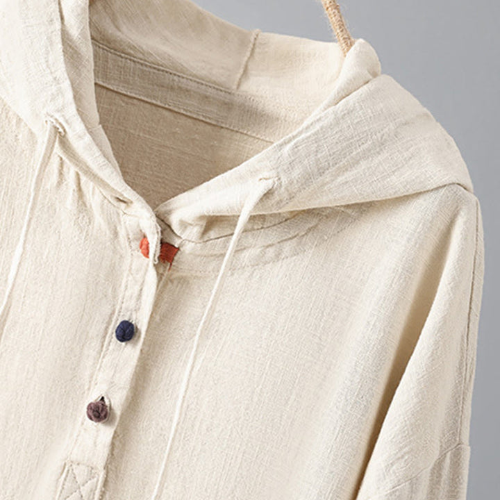 Damska bluza z kapturem z długim rękawem i kieszeniami, wykonana z gładkiej bawełny z guzikami i motywem Buddha Stones - image 4