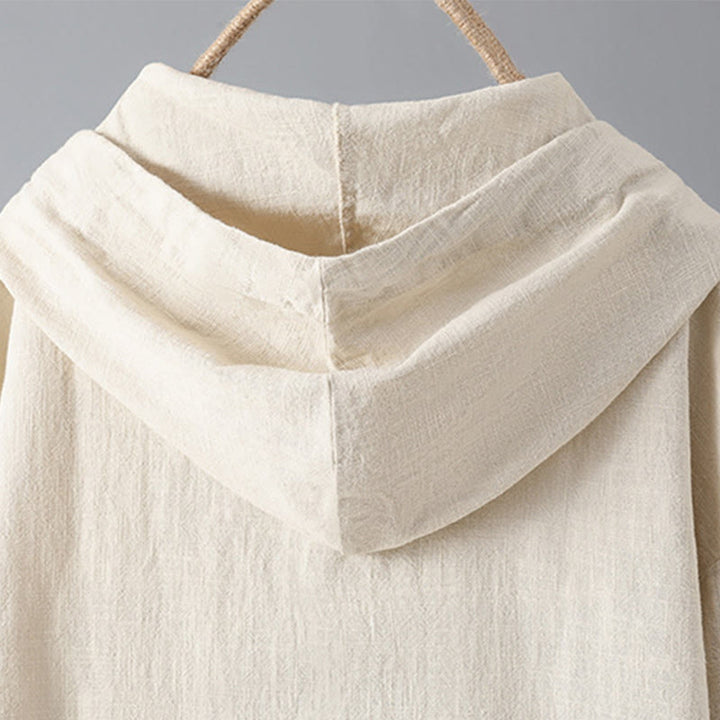 Damska bluza z kapturem z długim rękawem i kieszeniami, wykonana z gładkiej bawełny z guzikami i motywem Buddha Stones - image 3