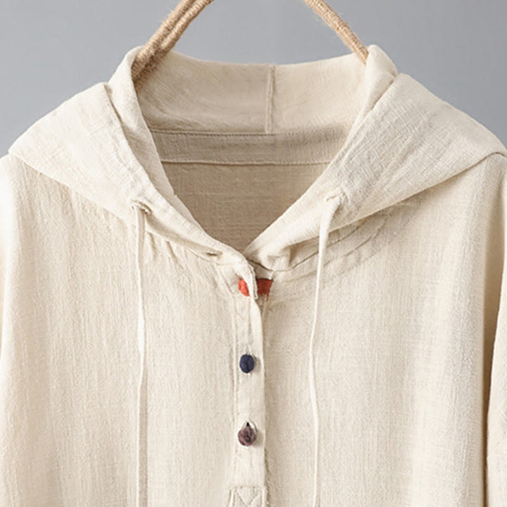 Damska bluza z kapturem z długim rękawem i kieszeniami, wykonana z gładkiej bawełny z guzikami i motywem Buddha Stones - image 2