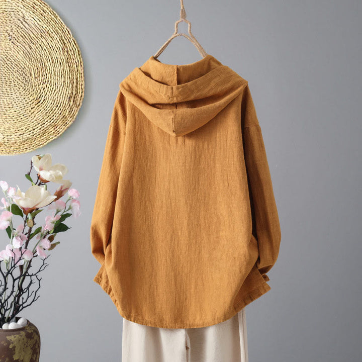 Damska bluza z kapturem z długim rękawem i kieszeniami, wykonana z gładkiej bawełny z guzikami i motywem Buddha Stones - image 8