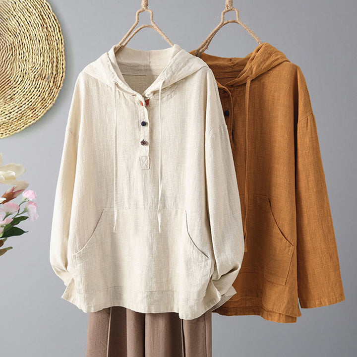 Damska bluza z kapturem z długim rękawem i kieszeniami, wykonana z gładkiej bawełny z guzikami i motywem Buddha Stones - image 12