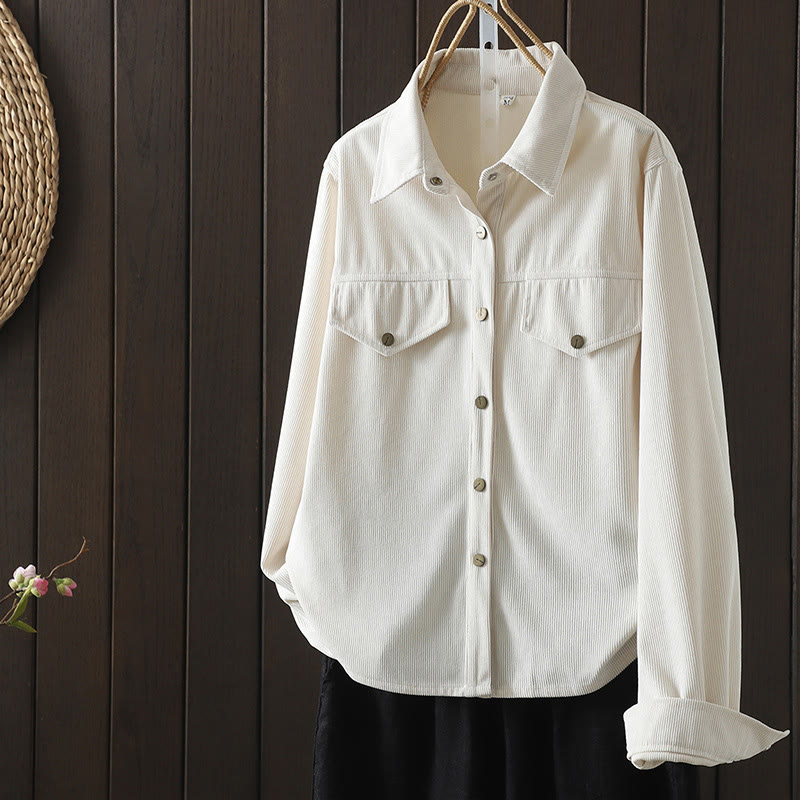 Koszula damska z długim rękawem Buddha Stones Commute z gładkimi guzikami i bawełnianym sztruksem - FloralWhite - US8-10，UK/AU12-14，EU40-42 (2XL) - image 7