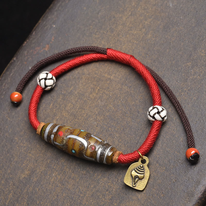 Bransoletka ochronna z sznurka z Buddha Stones, ręcznie robiona, tybetańska, z dziewięcioma oczkami koralików Dzi - Czerwony sznur i koralik Dzi z dziewięcioma oczkami (obwód nadgarstka: 16-20 cm) - image 5