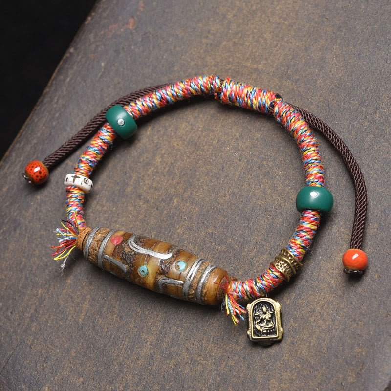 Bransoletka ochronna z sznurka z Buddha Stones, ręcznie robiona, tybetańska, z dziewięcioma oczkami koralików Dzi - Kolorowe liny i koraliki Dzi z dziewięcioma oczkami (obwód nadgarstka: 16-20 cm) - image 0
