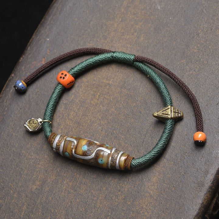 Bransoletka ochronna z sznurka z Buddha Stones, ręcznie robiona, tybetańska, z dziewięcioma oczkami koralików Dzi - Zielona lina i koralik Dzi z dziewięcioma oczkami (obwód nadgarstka: 16-20 cm) - image 7