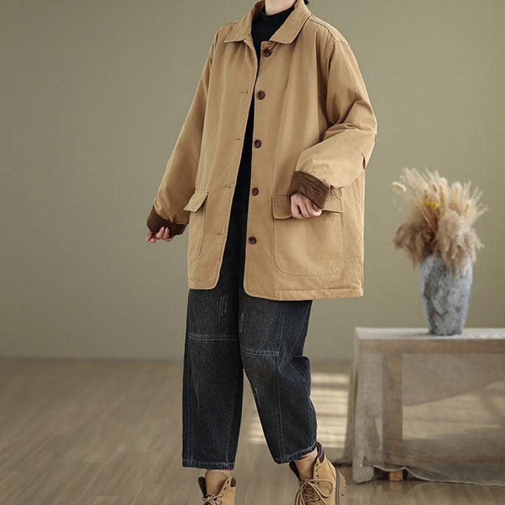 Kurtka damska z długim rękawem, pikowana, bawełniana, z kieszeniami, z prostymi guzikami i motywem Buddha Stones - image 2