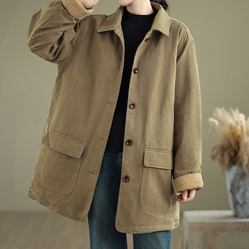 Kurtka damska z długim rękawem, pikowana, bawełniana, z kieszeniami, z prostymi guzikami i motywem Buddha Stones - Oliwka - US12, UK/AU16, EU44 (XL) - image 15