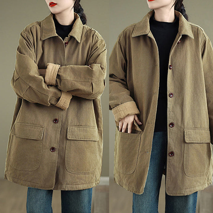 Kurtka damska z długim rękawem, pikowana, bawełniana, z kieszeniami, z prostymi guzikami i motywem Buddha Stones - image 19