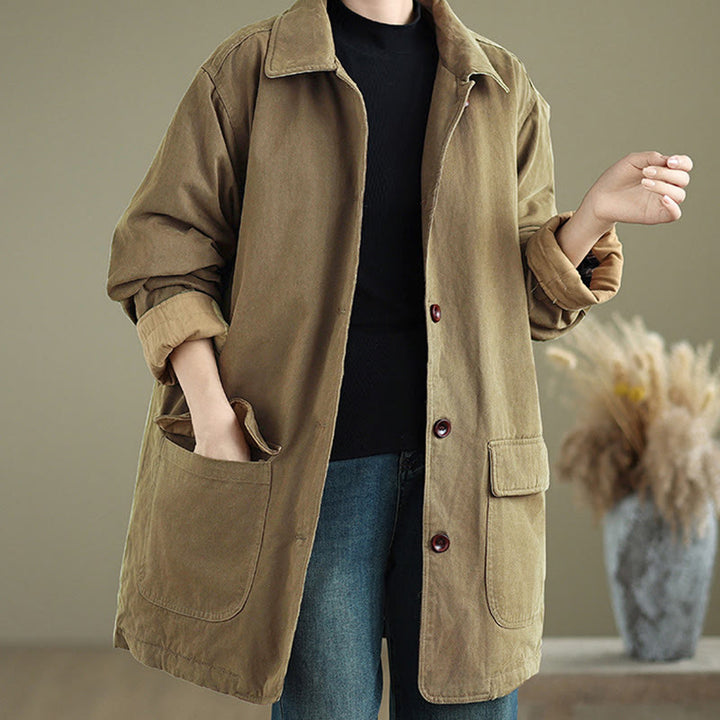 Kurtka damska z długim rękawem, pikowana, bawełniana, z kieszeniami, z prostymi guzikami i motywem Buddha Stones - image 16