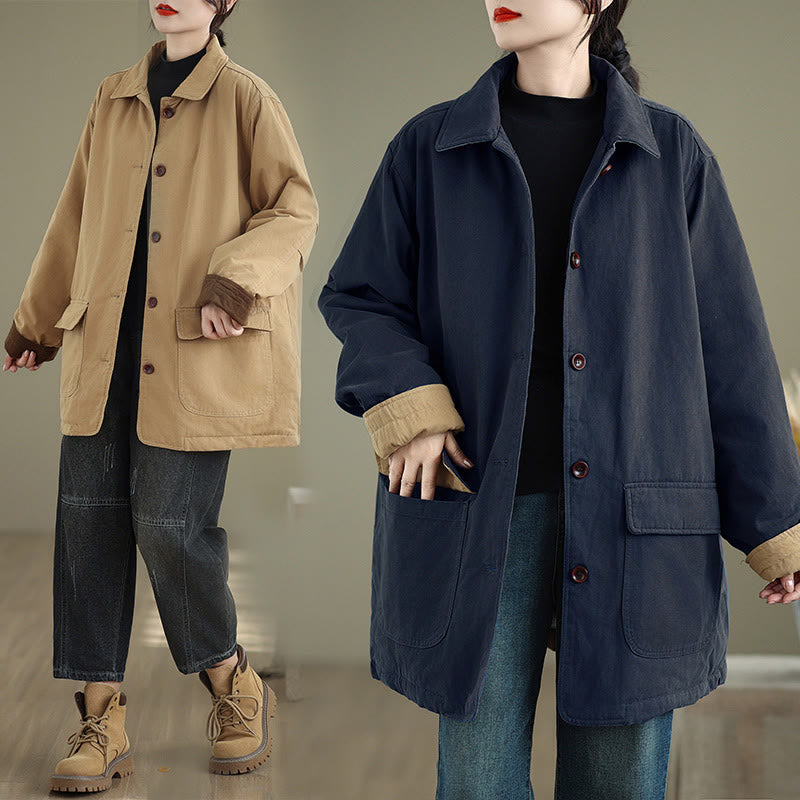 Kurtka damska z długim rękawem, pikowana, bawełniana, z kieszeniami, z prostymi guzikami i motywem Buddha Stones - image 20