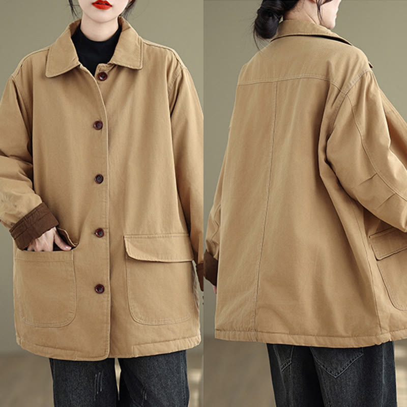 Kurtka damska z długim rękawem, pikowana, bawełniana, z kieszeniami, z prostymi guzikami i motywem Buddha Stones - image 3