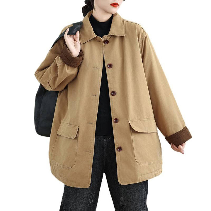 Kurtka damska z długim rękawem, pikowana, bawełniana, z kieszeniami, z prostymi guzikami i motywem Buddha Stones - image 11