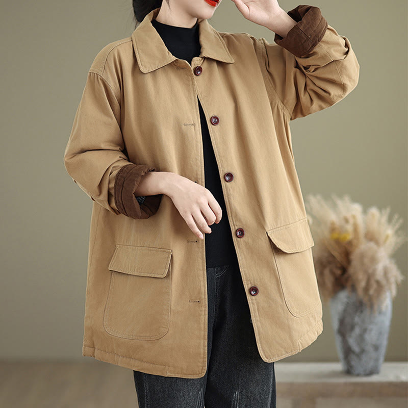 Kurtka damska z długim rękawem, pikowana, bawełniana, z kieszeniami, z prostymi guzikami i motywem Buddha Stones - image 1