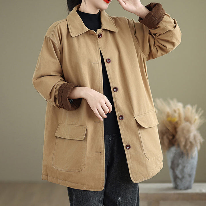 Kurtka damska z długim rękawem, pikowana, bawełniana, z kieszeniami, z prostymi guzikami i motywem Buddha Stones - image 1