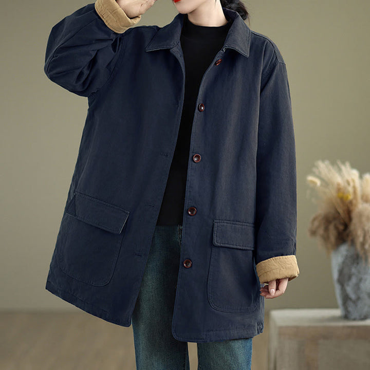 Kurtka damska z długim rękawem, pikowana, bawełniana, z kieszeniami, z prostymi guzikami i motywem Buddha Stones - MidnightBlue - US12, UK/AU16, EU44 (XL) - image 12