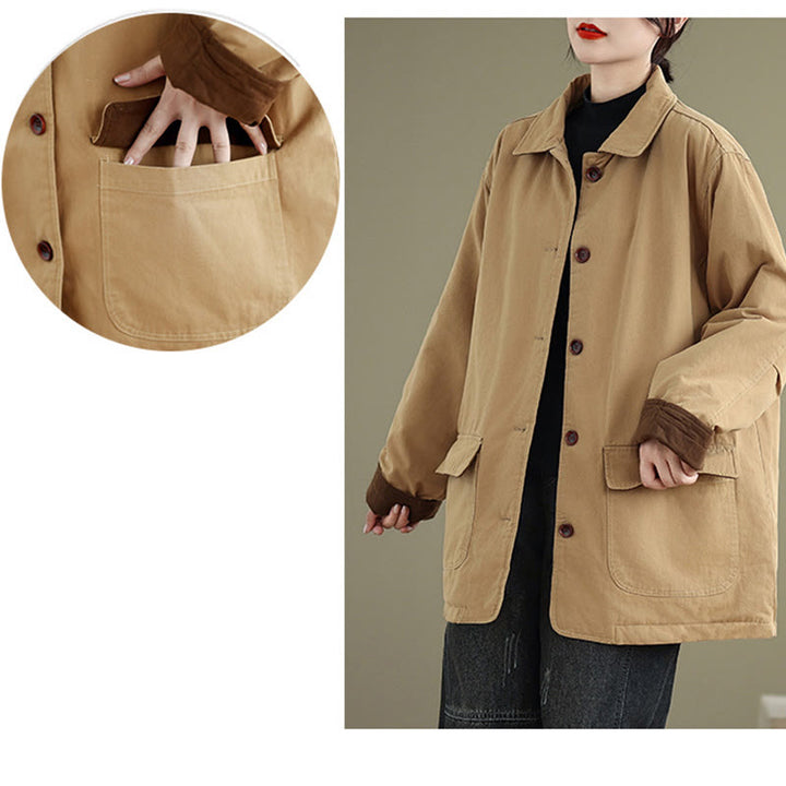 Kurtka damska z długim rękawem, pikowana, bawełniana, z kieszeniami, z prostymi guzikami i motywem Buddha Stones - image 10