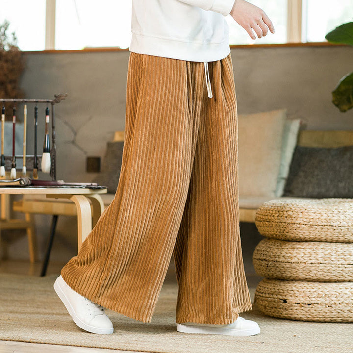 Spodnie męskie z szerokimi nogawkami i bawełnianym sztruksem Buddha Stones Commute Plain Drawstring z kieszeniami - image 11