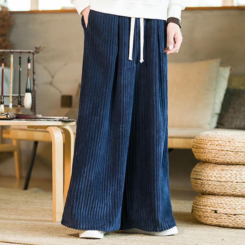 Spodnie męskie z szerokimi nogawkami i bawełnianym sztruksem Buddha Stones Commute Plain Drawstring z kieszeniami - image 16