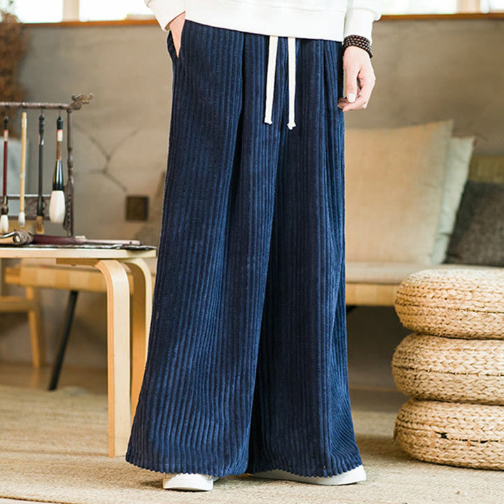 Spodnie męskie z szerokimi nogawkami i bawełnianym sztruksem Buddha Stones Commute Plain Drawstring z kieszeniami - image 16