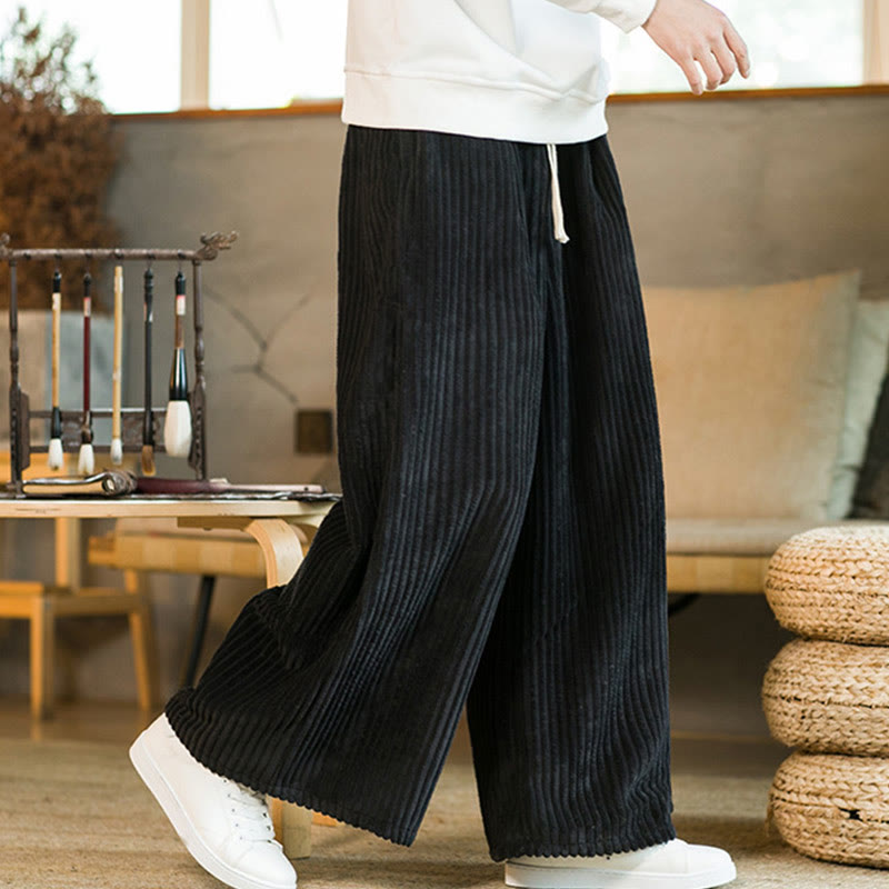 Spodnie męskie z szerokimi nogawkami i bawełnianym sztruksem Buddha Stones Commute Plain Drawstring z kieszeniami - Czarny - US/UK/AU46， EU56 (5XL) - image 0