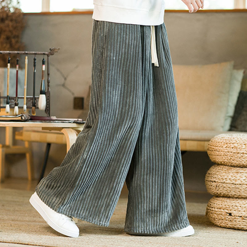 Spodnie męskie z szerokimi nogawkami i bawełnianym sztruksem Buddha Stones Commute Plain Drawstring z kieszeniami - image 21