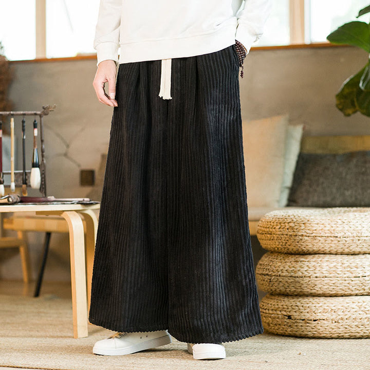 Spodnie męskie z szerokimi nogawkami i bawełnianym sztruksem Buddha Stones Commute Plain Drawstring z kieszeniami - image 5