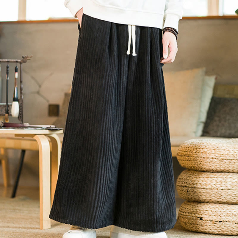 Spodnie męskie z szerokimi nogawkami i bawełnianym sztruksem Buddha Stones Commute Plain Drawstring z kieszeniami - image 2