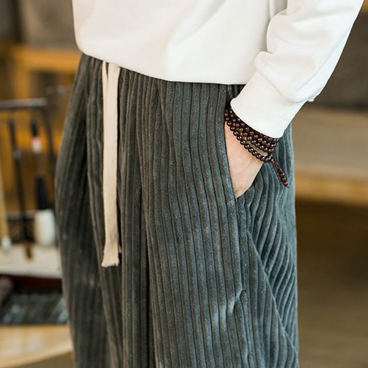 Spodnie męskie z szerokimi nogawkami i bawełnianym sztruksem Buddha Stones Commute Plain Drawstring z kieszeniami - image 25