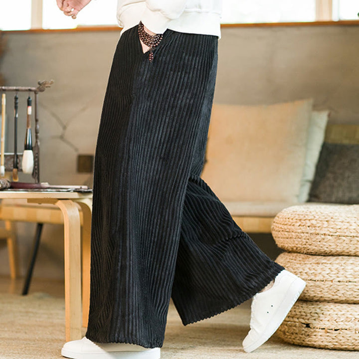 Spodnie męskie z szerokimi nogawkami i bawełnianym sztruksem Buddha Stones Commute Plain Drawstring z kieszeniami - image 1