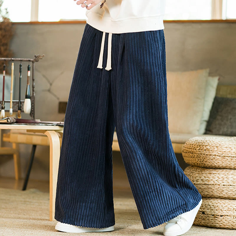 Spodnie męskie z szerokimi nogawkami i bawełnianym sztruksem Buddha Stones Commute Plain Drawstring z kieszeniami - image 13