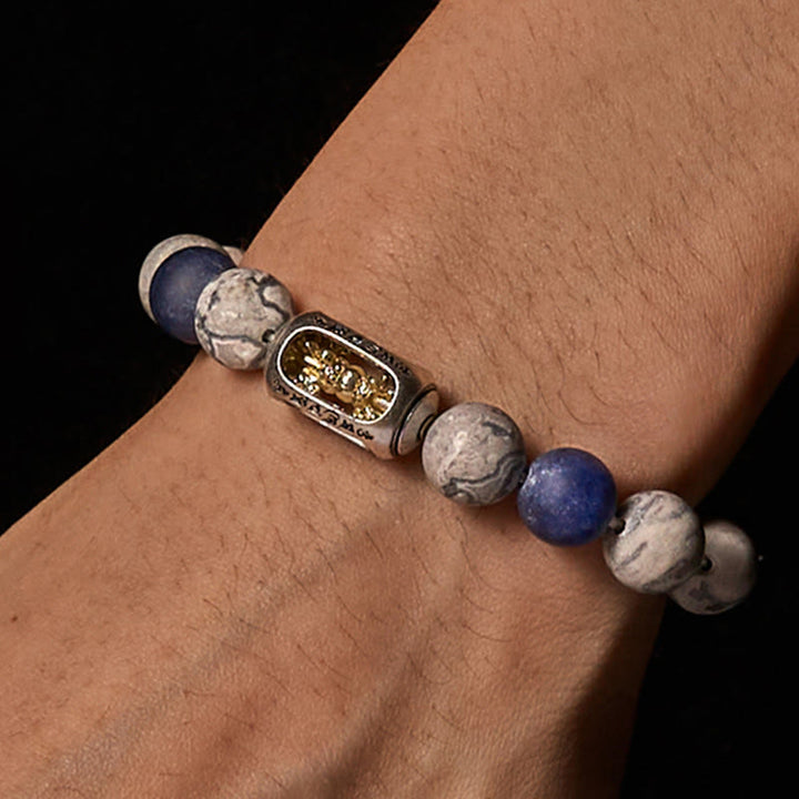Bransoletka Om Mani Padme Hum Buddy z Buddha Stones, naturalnym szarym jaspisem i sodalitem, z efektem uzdrawiającej twarzy - image 2