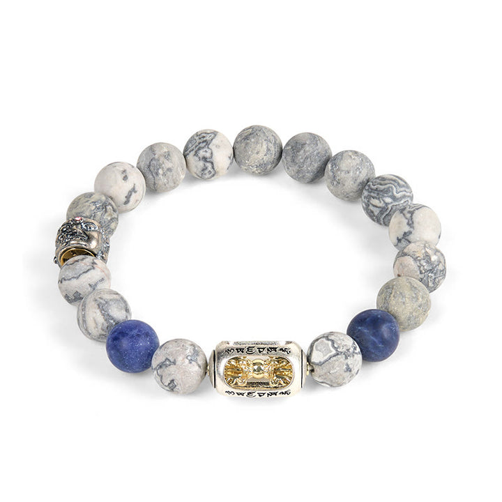 Bransoletka Om Mani Padme Hum Buddy z Buddha Stones, naturalnym szarym jaspisem i sodalitem, z efektem uzdrawiającej twarzy - image 4