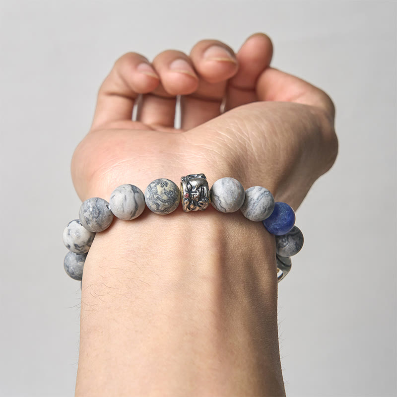 Bransoletka Om Mani Padme Hum Buddy z Buddha Stones, naturalnym szarym jaspisem i sodalitem, z efektem uzdrawiającej twarzy - image 3